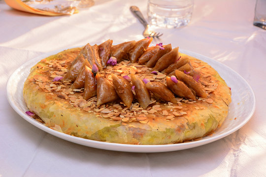 fish pastilla, Moroccan layered pie, top view .