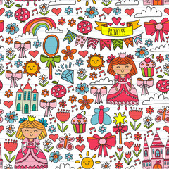 Vector pattern for little girls. Princess illustration for happy birthday party.