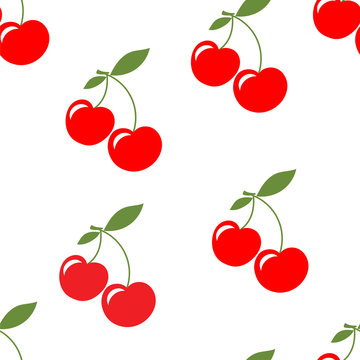 Sweet cherries seamless pattern with ripe red fruits. Vector image.