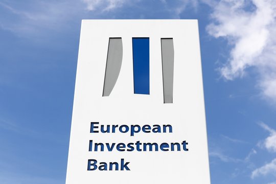 Kirchberg, Luxembourg - July 22, 2017: European investment bank logo on a panel.  The European investment bank is the European Union's nonprofit long-term lending institution established in 1958 under