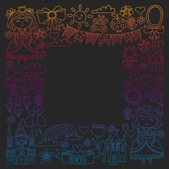 Vector pattern for little girls. Princess illustration for happy birthday party.