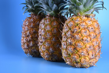 Three close up pineapples on blue background