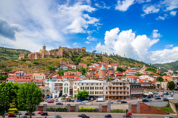 Naklejka premium Aerial view of historical center of Tbilisi and Narikala fortress, Georgia