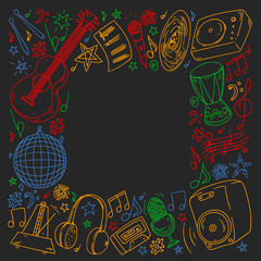 Musical pattern for posters, banners. Music festival, karaoke, disco, rock.