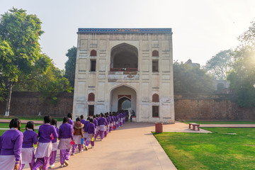 Indian school girls on the tour to the Humayun's tomb, New Dehli, India