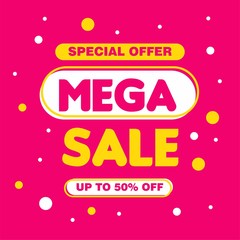 Simple Flat Mega Sale Sign Shape Banner on Pink Background Design, Discount Banner Template Vector for advertising, social media, web banner