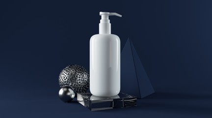 Cosmetic bottle whit dispenser hand wash mockup on blue background 3d render