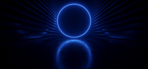 Cyberpunk Neon Laser Cyber Sci Fi Circle Light Glowing Classic Retro Blue Pantone Reflective Concrete Metal Grunge Club Night Dance Floor Stage Studio 3D Rendering