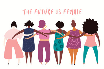 Hand drawn vector illustration of diverse modern girls together. Isolated people on white. Flat style design. Concept, element for feminism, womens day card, poster, banner. Female cartoon characters.