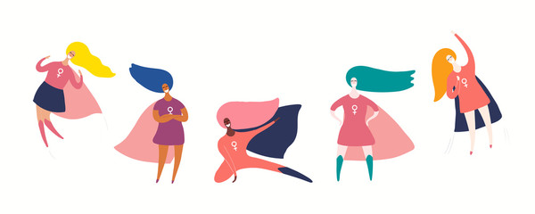 Set of diverse girl superheroes. Hand drawn vector illustration. Isolated people on white. Flat style design. Concept, element for feminism, womens day card, poster, banner. Female cartoon characters.