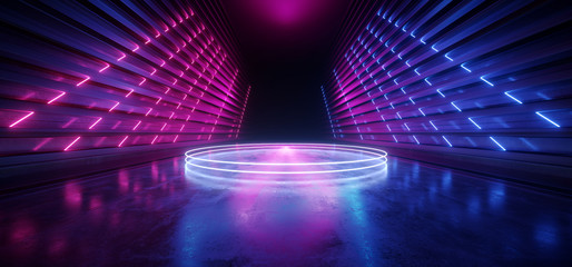 Cyber Vibrant Laser Circle Stage Podium Purple Blue Neon Fluorescent Pantone Sci Fi Futuristic Hallway Warehouse Tunnel Party Club Spaceship Corridor 3D Rendering