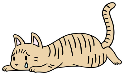 倒れた猫のイラスト_茶トラ_泣き顔