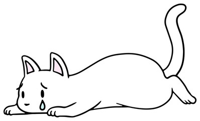 倒れた猫のイラスト_白猫_泣き顔