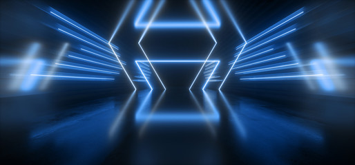 Neon Cyber Spaceship Vibrant Laser Triangle Podium Blue Fluorescent Pantone Sci Fi Futuristic Hallway Warehouse Tunnel Party Club Corridor 3D Rendering