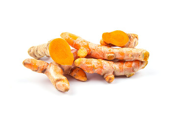 Raw turmeric (Curcuma longa Linn) ingredients for making herbal medicine isolated on white background.