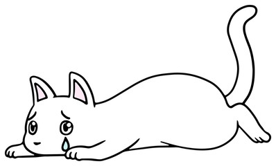 倒れた猫のイラスト_白猫_泣き顔