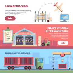 Fototapeta premium cargo delivery banners. loading trailer in warehouse aircraft transportation packages. delivery service vector templates