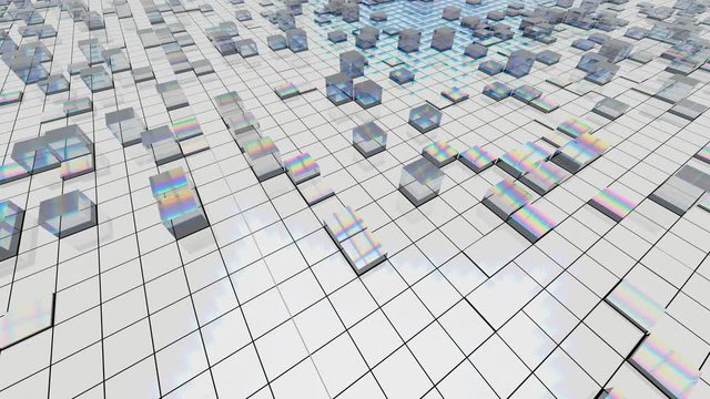 Animation of white aluminum squares and retractable prisms. Dispersion of light.