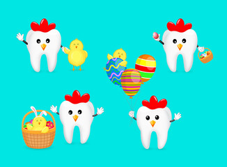 Set of hen tooth character with Easter eggs and little chick. Easter day concept. Dental Easter, illustration on blue background.