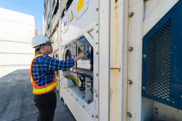 Fototapeta premium Young man Reefer technician is monitoring reefer container at the container storage