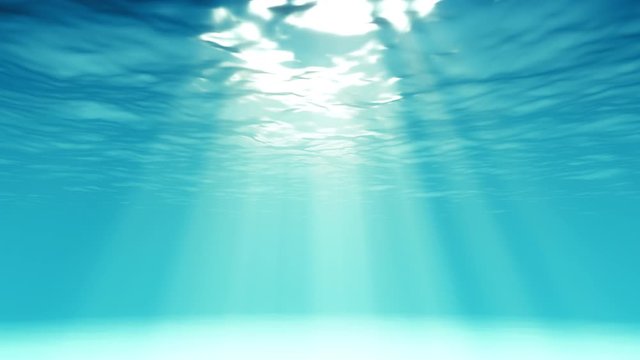 caribbean clean water looping light underwater animation with beams of sunlight white sand bottom and ripples on the surface, underwater loop background, 3D render