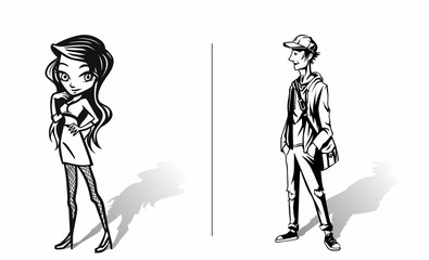 Young Boy & Girl silhouette, Hand Drawn Sketch Vector Background.