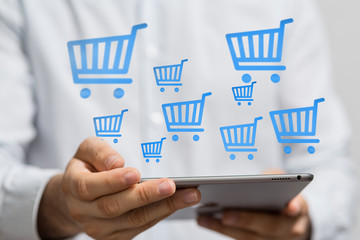 Online shopping business concept selecting shopping cart.