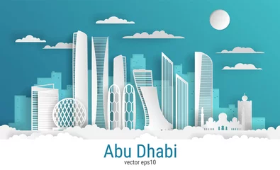 Foto op Plexiglas Paper cut style Abu Dhabi city, white color paper, vector stock illustration. Cityscape with all famous buildings. Skyline Abu Dhabi city composition for design. © Anastasiia