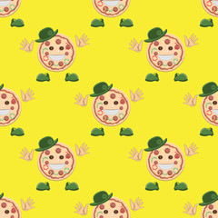 Seamless pattern of a pizza character in a hat with hands and shoes on a yellow background. Vector image