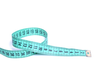 Closeup view of blue measuring tape isolated over white background