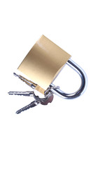 Locked Golden Padlock with keys on the white background.