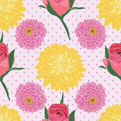 Seamless floral pattern roses and chrysanthemum on pink poka dots background