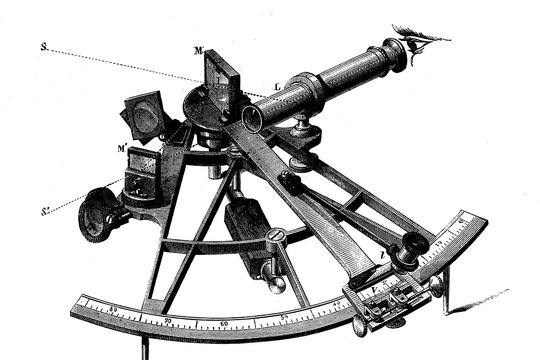 Sextant. Instrument for measuring the angular distances in navigation. Antique illustration. 188