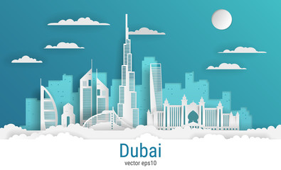 Paper cut style Dubai city, white color paper, vector stock illustration. Cityscape with all famous buildings. Skyline Dubai city composition for design.