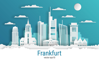Fototapeta premium Styl cięcia papieru we Frankfurcie, biały kolor papieru, ilustracji wektorowych. Pejzaż miejski ze wszystkimi słynnymi budynkami. Kompozycja miasta Skyline Frankfurt do projektowania.