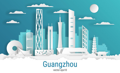 Naklejka premium Paper cut style Guangzhou city, white color paper, vector stock illustration. Cityscape with all famous buildings. Skyline Guangzhou city composition for design.