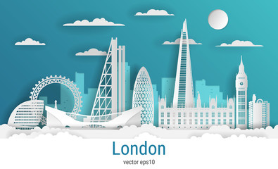 Fototapeta premium Miasto Londyn stylu cięcia papieru, biały kolor papieru, ilustracji wektorowych. Pejzaż miejski ze wszystkimi słynnymi budynkami. Kompozycja miasta Skyline London do projektowania.