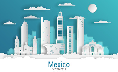 Naklejka premium Paper cut style Mexico city, white color paper, vector stock illustration. Cityscape with all famous buildings. Skyline Mexico city composition for design.