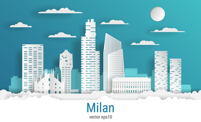 Fototapeta premium Paper cut style Milan city, white color paper, vector stock illustration. Cityscape with all famous buildings. Skyline Milan city composition for design.