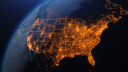 3D illustration of USA and North America from space at night with city lights showing human activity in United States - 323254396