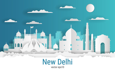 Paper cut style New Delhi city, white color paper, vector stock illustration. Cityscape with all famous buildings. Skyline New Delhi city composition for design.
