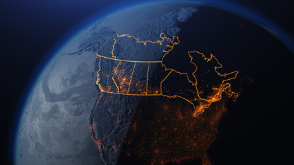 3D illustration of Canada and North America from space at night with city lights showing human activity in United States - obrazy, fototapety, plakaty