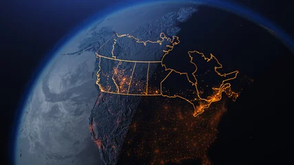 Foto op Plexiglas 3D illustration of Canada and North America from space at night with city lights showing human activity in United States © artegorov3@gmail