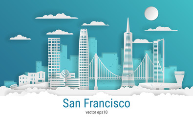 Naklejka premium Paper cut style San Francisco city, white color paper, vector stock illustration. Cityscape with all famous buildings. Skyline San Francisco city composition for design.