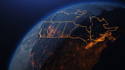 3D illustration of Canada and North America from space at night with city lights showing human activity in United States - 323254587
