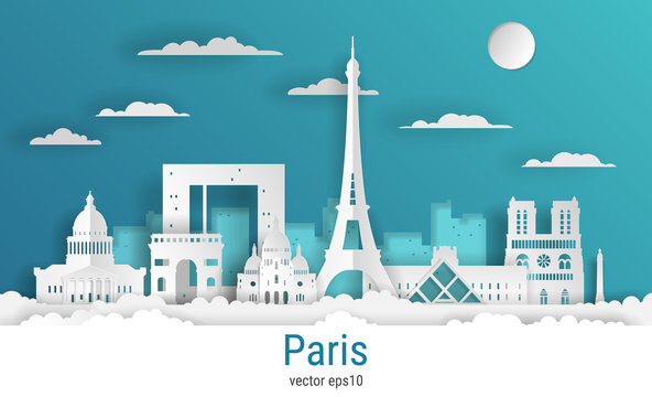 Paper cut style Paris city, white color paper, vector stock illustration. Cityscape with all famous buildings. Skyline Paris city composition for design.