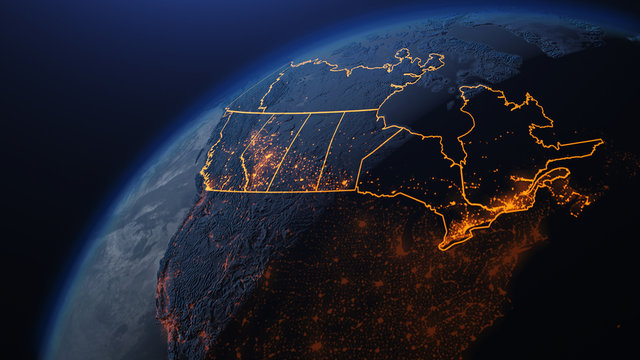 3D illustration of Canada and North America from space at night with city lights showing human activity in United States
