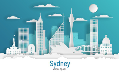 Paper cut style Sydney city, white color paper, vector stock illustration. Cityscape with all famous buildings. Skyline Sydney city composition for design.