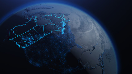 3D illustration of Canada and North America from space at night with city lights showing human activity in United States - 323254738