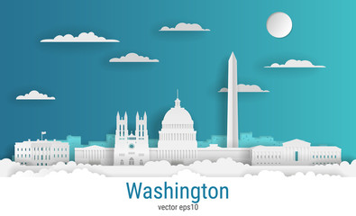Paper cut style Washington city, white color paper, vector stock illustration. Cityscape with all famous buildings. Skyline Washington city composition for design.